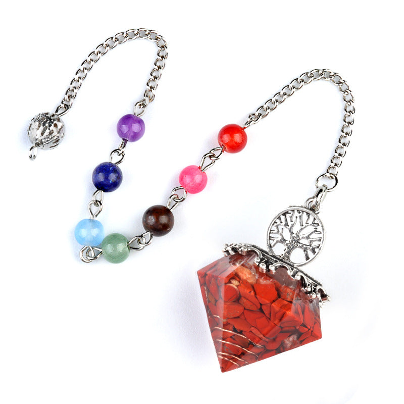 1973 - Natural Crystal Semi-Precious Stone Chip Resin Diamond Pendulum Pendant with Chakra Multicolor Bead Chain Jewelry