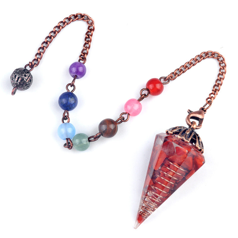 1972 - Natural Crystal Chip Resin Hexagonal Prism Flower Base Pendulum Pendant with Chakra Rainbow Beads Yoga Jewelry