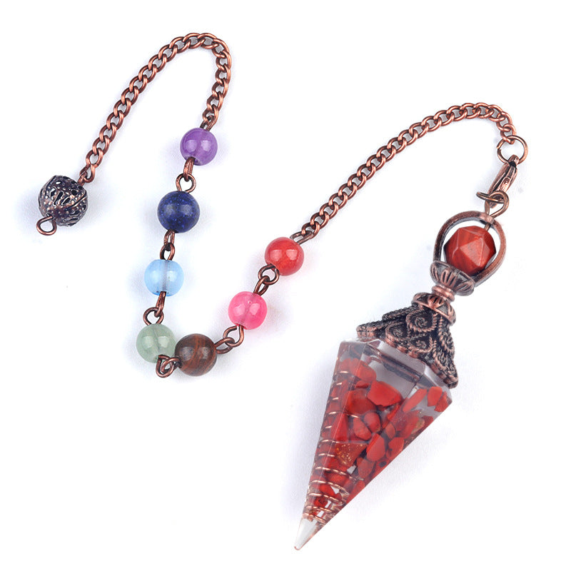 1970 – Natural Semi-precious Stone Chips Resin Hexagonal Prism Pendulum Pendant with Chakra Rainbow Bead Chain Pendant