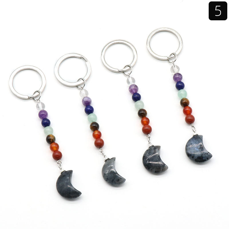 1486-Natural crystal colorful stone moon keychain bag pendant ornaments chakra keychain wholesale