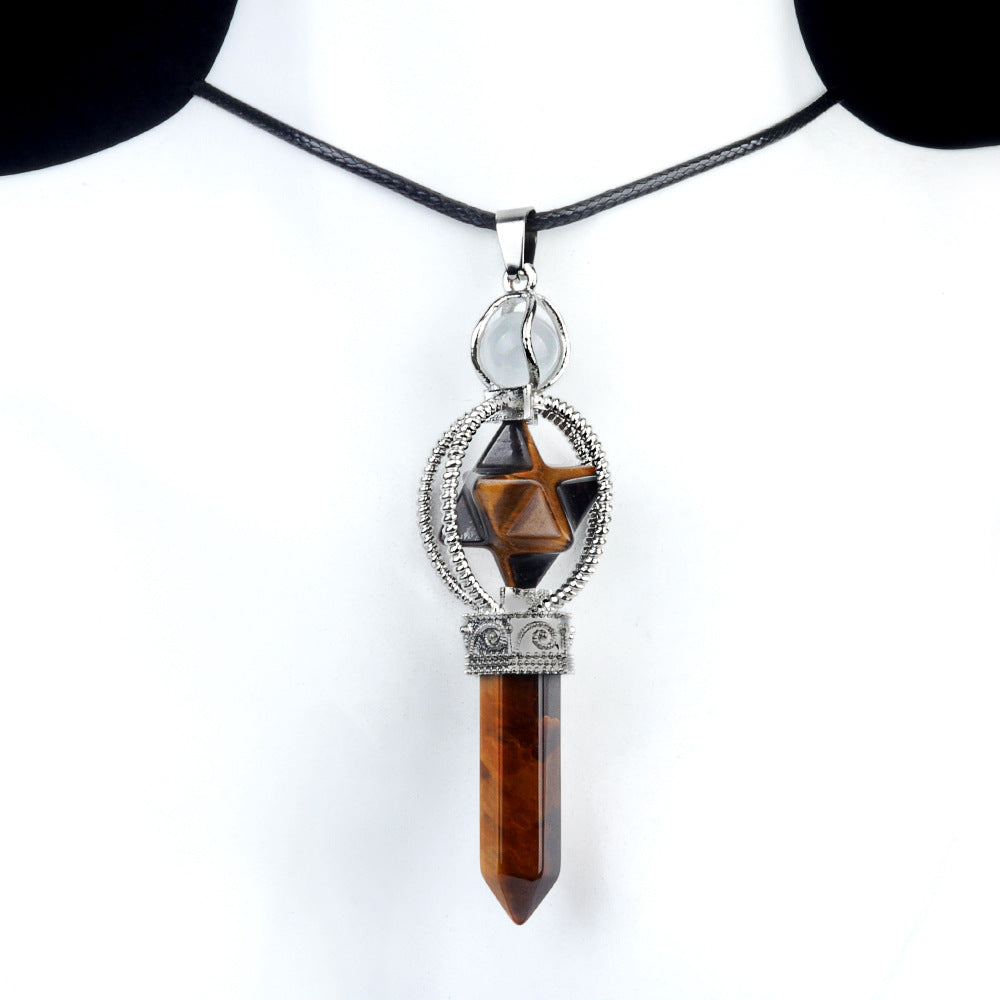 1784 - Merkaba Hexagonal Prism Scepter Necklace, Merkaba Star of David Pendant with Rotating Pendulum Accessory