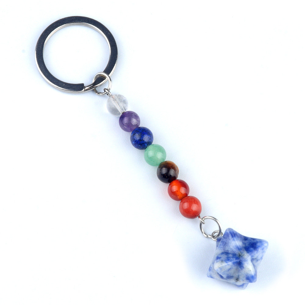 1937-Natural crystal agate colorful stone Kaba star keychain Merkaba star three-dimensional six-pointed star pendant