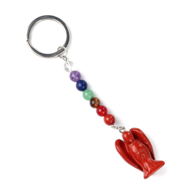 1715-Chakra Angel Keychain Natural Semi-precious Stone Carved Angel Keychain Guardian Angel Pendant