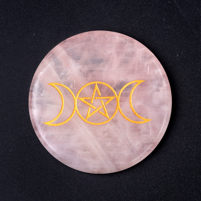 1658-55mm natural pink crystal disc energy stone base carved tree of life star moon stone small ornaments