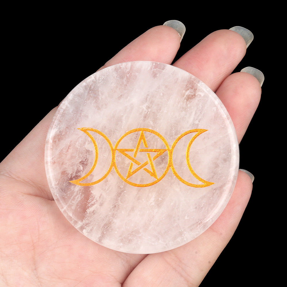 1921-White crystal 55mm round flat carved tree of life star moon stone energy pad DIY craft ornaments