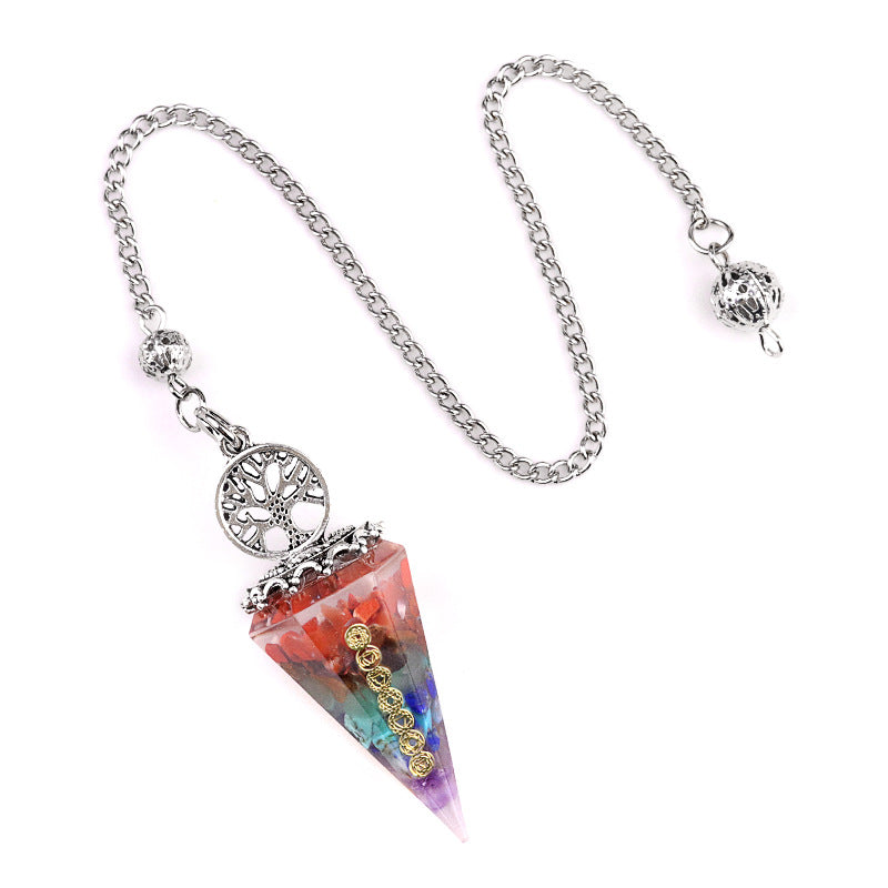 2122-Colorful natural crystal gravel pendulum bronze silver gold resin seven meridian symbol hexagonal pyramid pendulum