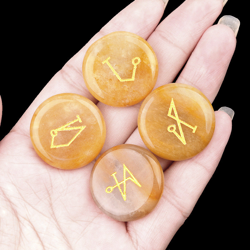 2081-Natural crystal agate stone 25mm round engraved four angel symbols southeast northwest star palace elements