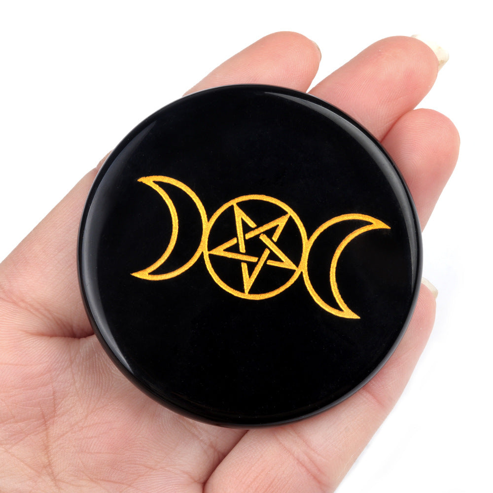 1771-Obsidian 55mm round flat carved tree of life star moon stone energy pad DIY craft ornaments