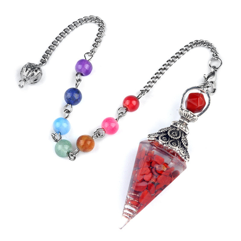 1971 - Natural Semi-Precious Stone Chip Resin Hexagonal Prism Pendulum Pendant Chakra Rainbow Bead Chain Pendant