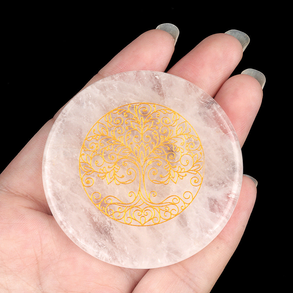 1921-White crystal 55mm round flat carved tree of life star moon stone energy pad DIY craft ornaments