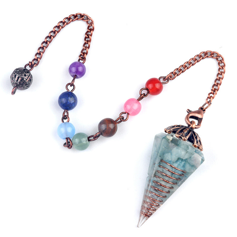 1972 - Natural Crystal Chip Resin Hexagonal Prism Flower Base Pendulum Pendant with Chakra Rainbow Beads Yoga Jewelry