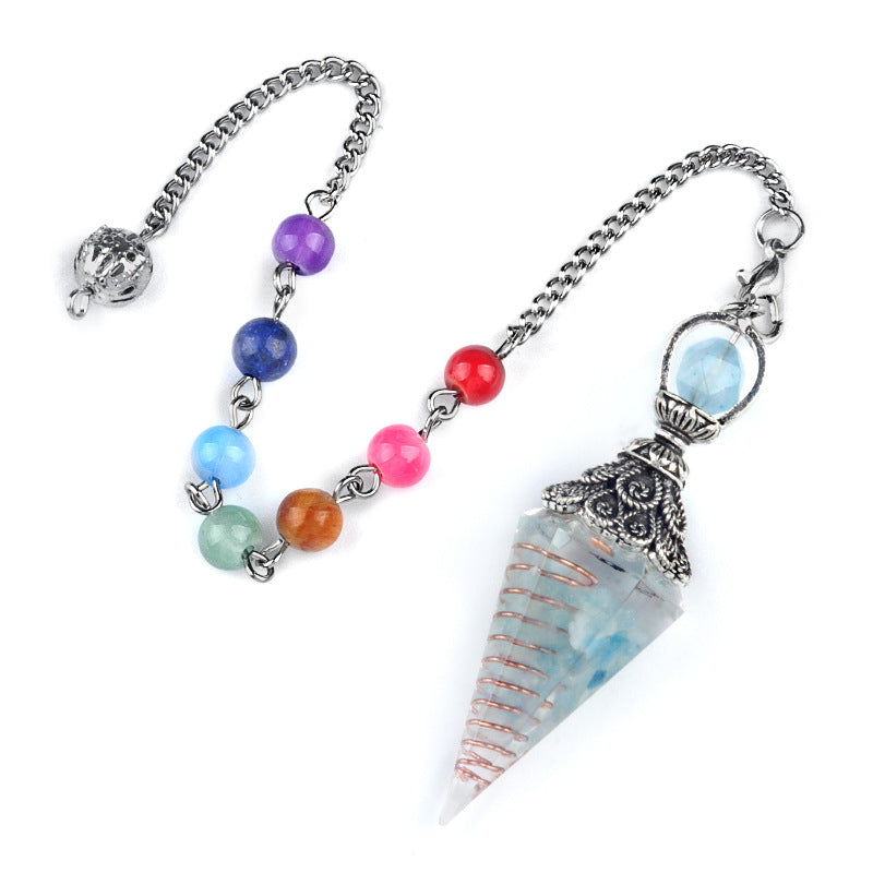 1971 - Natural Semi-Precious Stone Chip Resin Hexagonal Prism Pendulum Pendant Chakra Rainbow Bead Chain Pendant