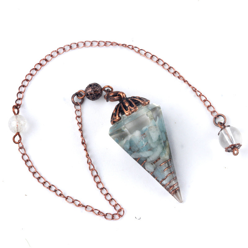 1697 - Rainbow Crystal Pendulum with Antique Copper Flower Base, Natural Stone Resin Spring Hexagonal Prism Pendulum