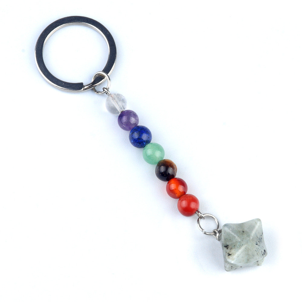 1937-Natural crystal agate colorful stone Kaba star keychain Merkaba star three-dimensional six-pointed star pendant