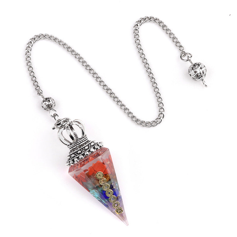 2122-Colorful natural crystal gravel pendulum bronze silver gold resin seven meridian symbol hexagonal pyramid pendulum