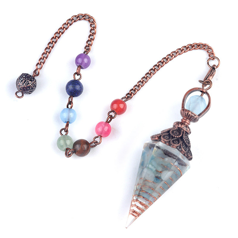 1970 – Natural Semi-precious Stone Chips Resin Hexagonal Prism Pendulum Pendant with Chakra Rainbow Bead Chain Pendant