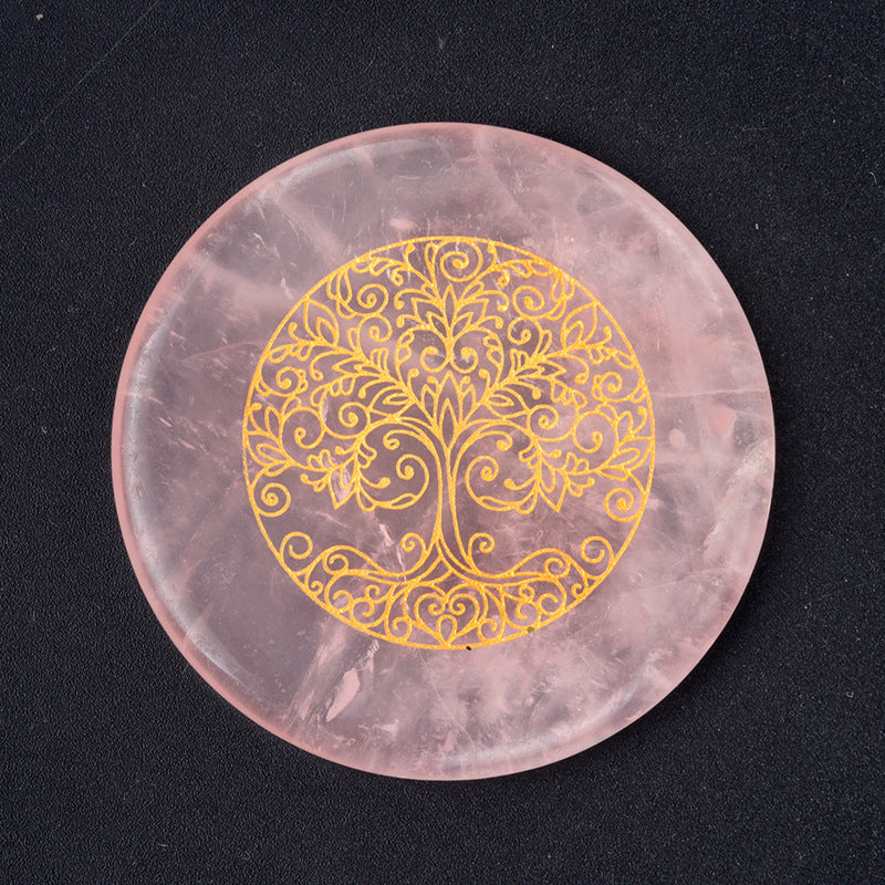 1658-55mm natural pink crystal disc energy stone base carved tree of life star moon stone small ornaments