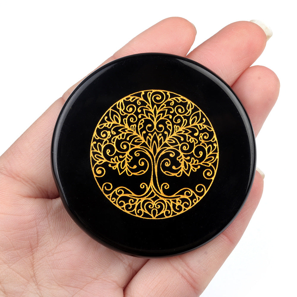 1771-Obsidian 55mm round flat carved tree of life star moon stone energy pad DIY craft ornaments