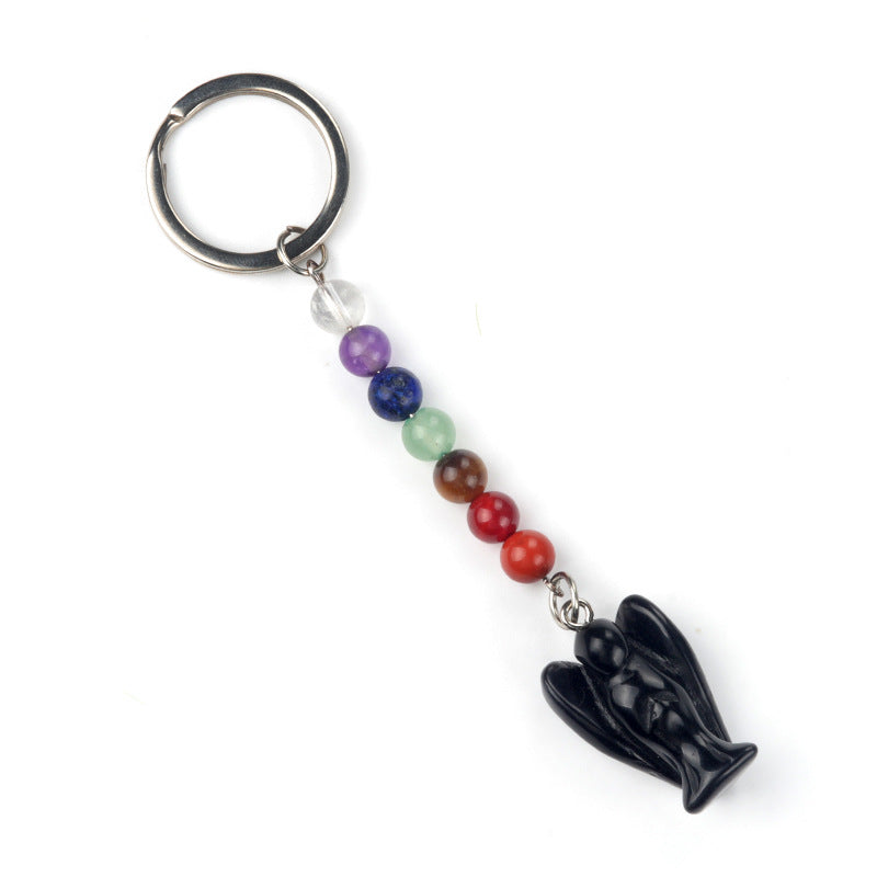 1715-Chakra Angel Keychain Natural Semi-precious Stone Carved Angel Keychain Guardian Angel Pendant