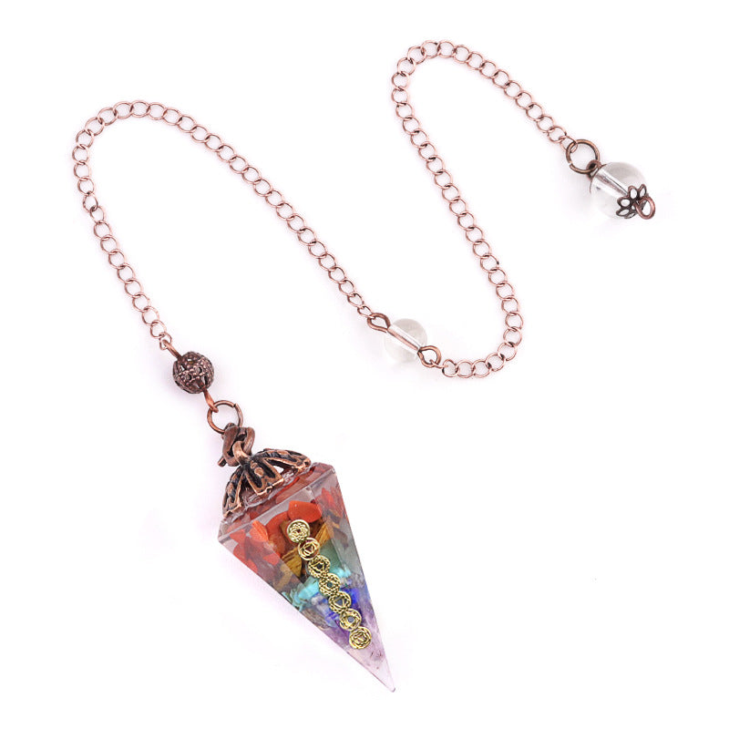 2122-Colorful natural crystal gravel pendulum bronze silver gold resin seven meridian symbol hexagonal pyramid pendulum