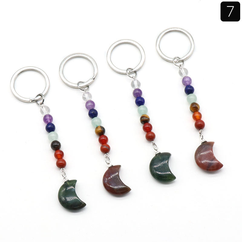 1486-Natural crystal colorful stone moon keychain bag pendant ornaments chakra keychain wholesale