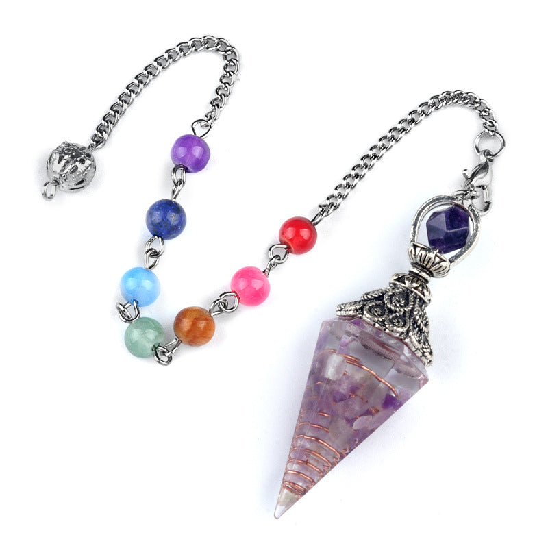 1971 - Natural Semi-Precious Stone Chip Resin Hexagonal Prism Pendulum Pendant Chakra Rainbow Bead Chain Pendant