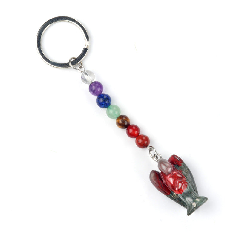 1715-Chakra Angel Keychain Natural Semi-precious Stone Carved Angel Keychain Guardian Angel Pendant