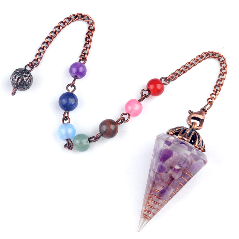 1972 - Natural Crystal Chip Resin Hexagonal Prism Flower Base Pendulum Pendant with Chakra Rainbow Beads Yoga Jewelry