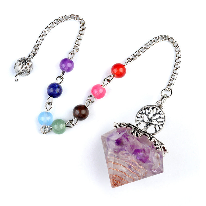 1973 - Natural Crystal Semi-Precious Stone Chip Resin Diamond Pendulum Pendant with Chakra Multicolor Bead Chain Jewelry