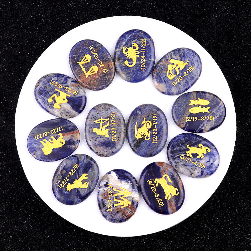 2117-12 Constellation Set Natural Amethyst Agate Stone Carved with 12 Constellation Patterns and Engraving Stones