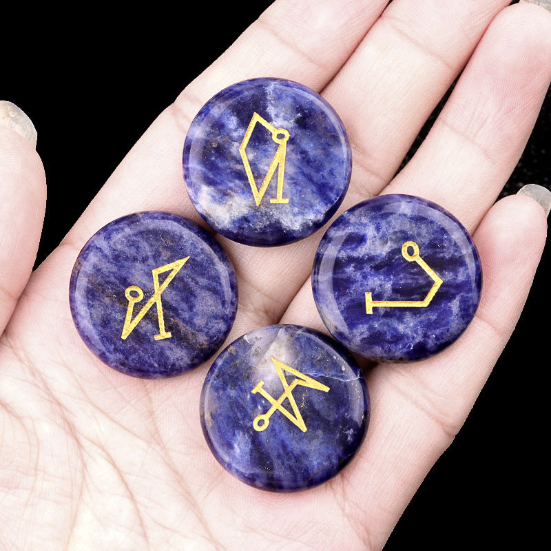 2081-Natural crystal agate stone 25mm round engraved four angel symbols southeast northwest star palace elements