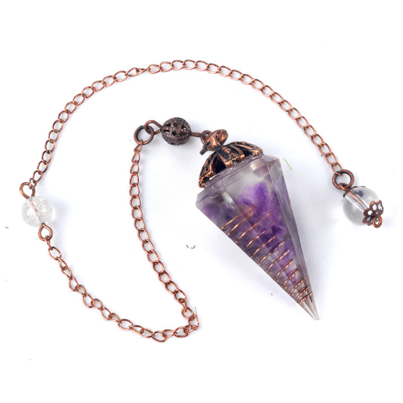 1697 - Rainbow Crystal Pendulum with Antique Copper Flower Base, Natural Stone Resin Spring Hexagonal Prism Pendulum