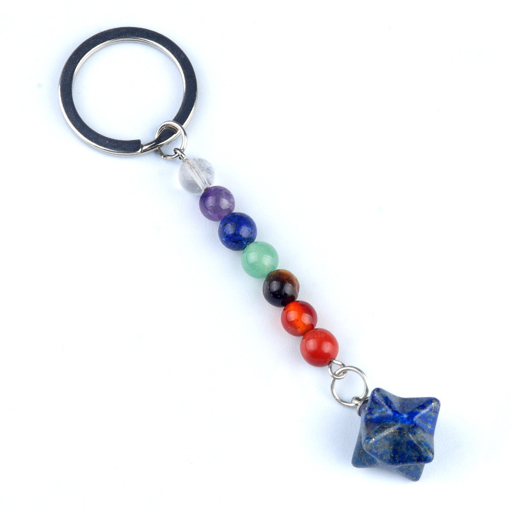 1937-Natural crystal agate colorful stone Kaba star keychain Merkaba star three-dimensional six-pointed star pendant