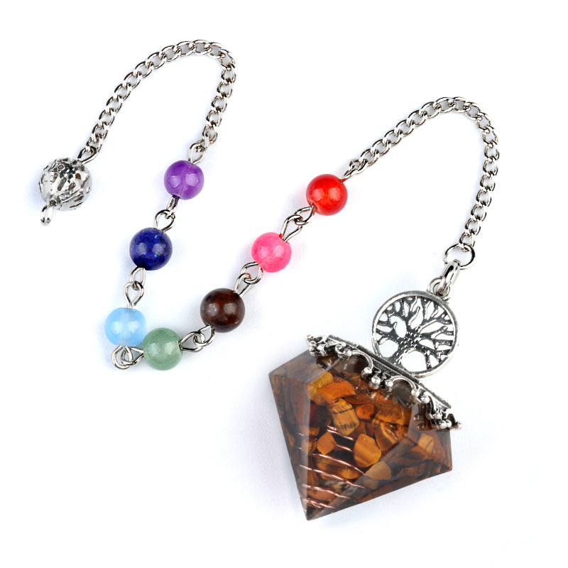 1973 - Natural Crystal Semi-Precious Stone Chip Resin Diamond Pendulum Pendant with Chakra Multicolor Bead Chain Jewelry