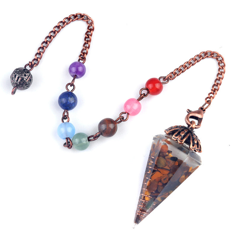 1972 - Natural Crystal Chip Resin Hexagonal Prism Flower Base Pendulum Pendant with Chakra Rainbow Beads Yoga Jewelry