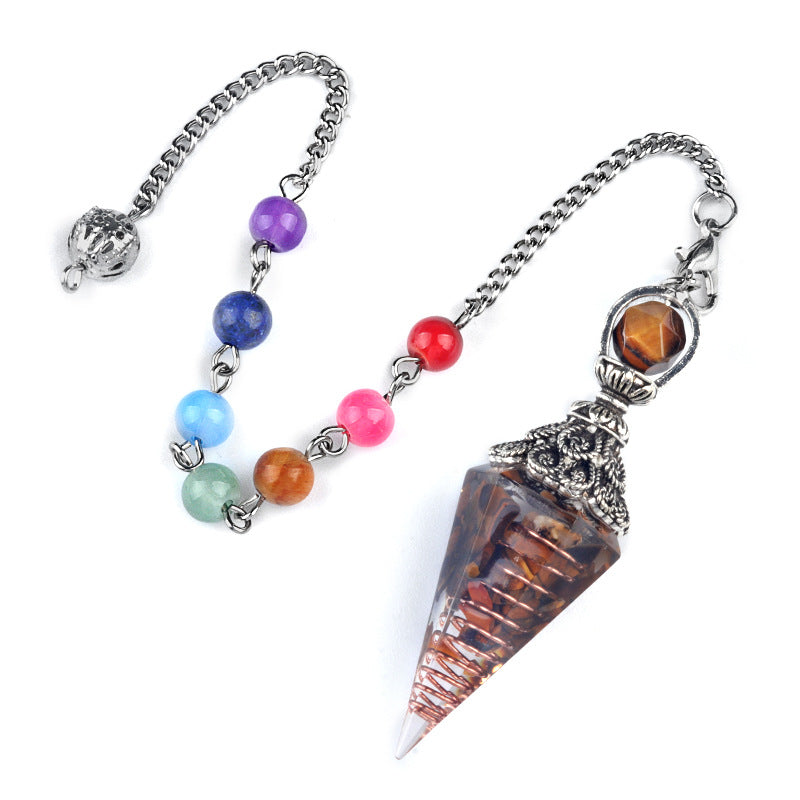 1971 - Natural Semi-Precious Stone Chip Resin Hexagonal Prism Pendulum Pendant Chakra Rainbow Bead Chain Pendant