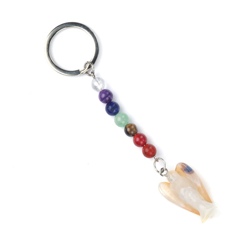 1715-Chakra Angel Keychain Natural Semi-precious Stone Carved Angel Keychain Guardian Angel Pendant