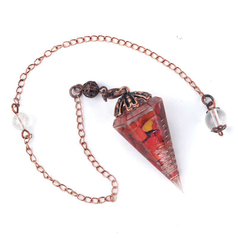 1697 - Rainbow Crystal Pendulum with Antique Copper Flower Base, Natural Stone Resin Spring Hexagonal Prism Pendulum