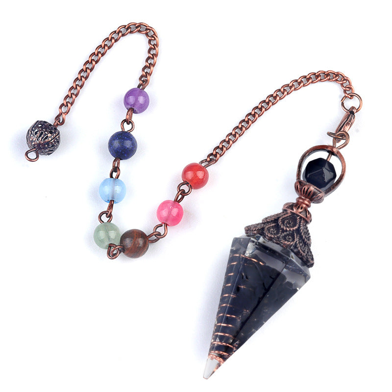 1970 – Natural Semi-precious Stone Chips Resin Hexagonal Prism Pendulum Pendant with Chakra Rainbow Bead Chain Pendant