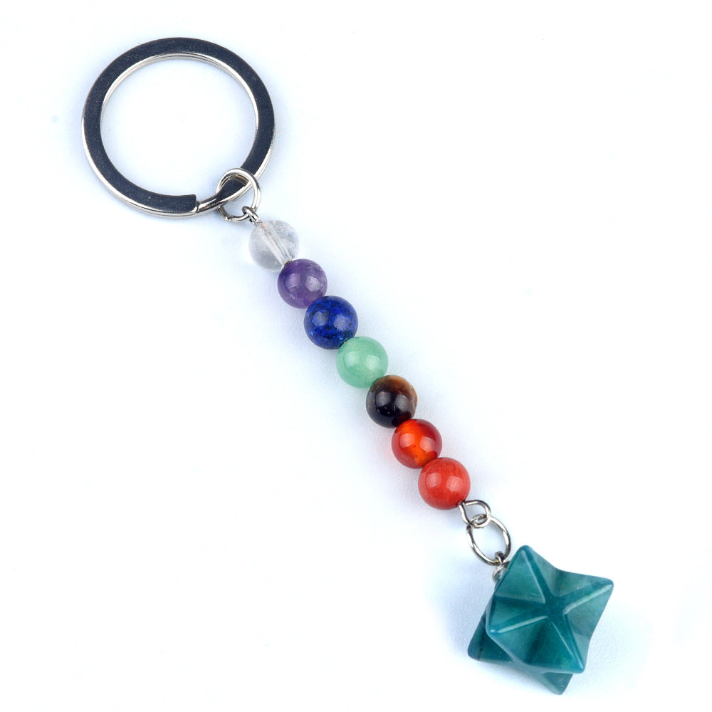 1937-Natural crystal agate colorful stone Kaba star keychain Merkaba star three-dimensional six-pointed star pendant