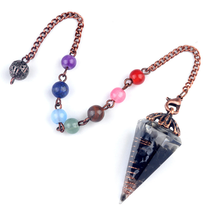 1972 - Natural Crystal Chip Resin Hexagonal Prism Flower Base Pendulum Pendant with Chakra Rainbow Beads Yoga Jewelry