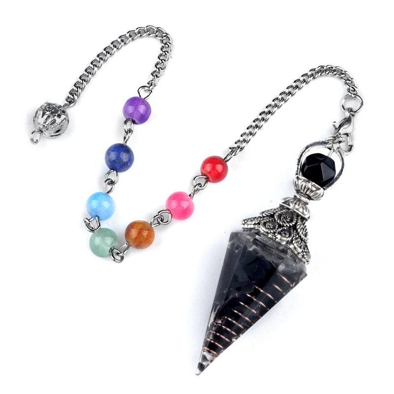 1971 - Natural Semi-Precious Stone Chip Resin Hexagonal Prism Pendulum Pendant Chakra Rainbow Bead Chain Pendant