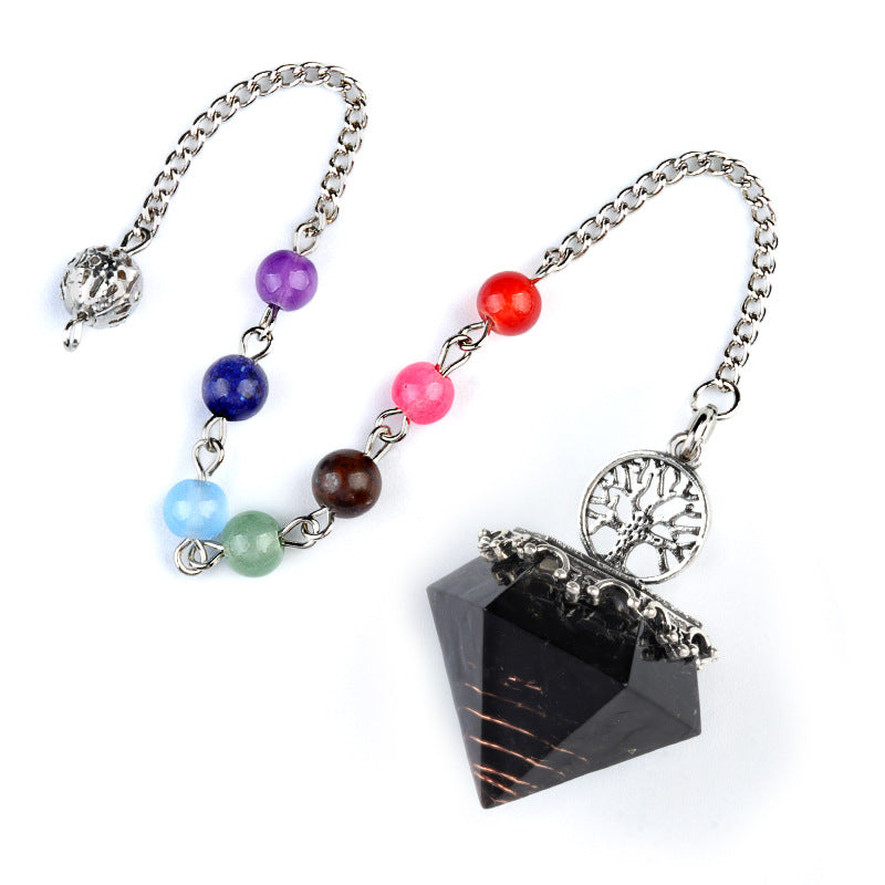 1973 - Natural Crystal Semi-Precious Stone Chip Resin Diamond Pendulum Pendant with Chakra Multicolor Bead Chain Jewelry