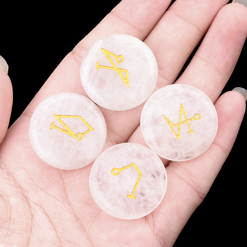 2081-Natural crystal agate stone 25mm round engraved four angel symbols southeast northwest star palace elements