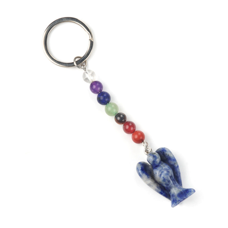 1715-Chakra Angel Keychain Natural Semi-precious Stone Carved Angel Keychain Guardian Angel Pendant