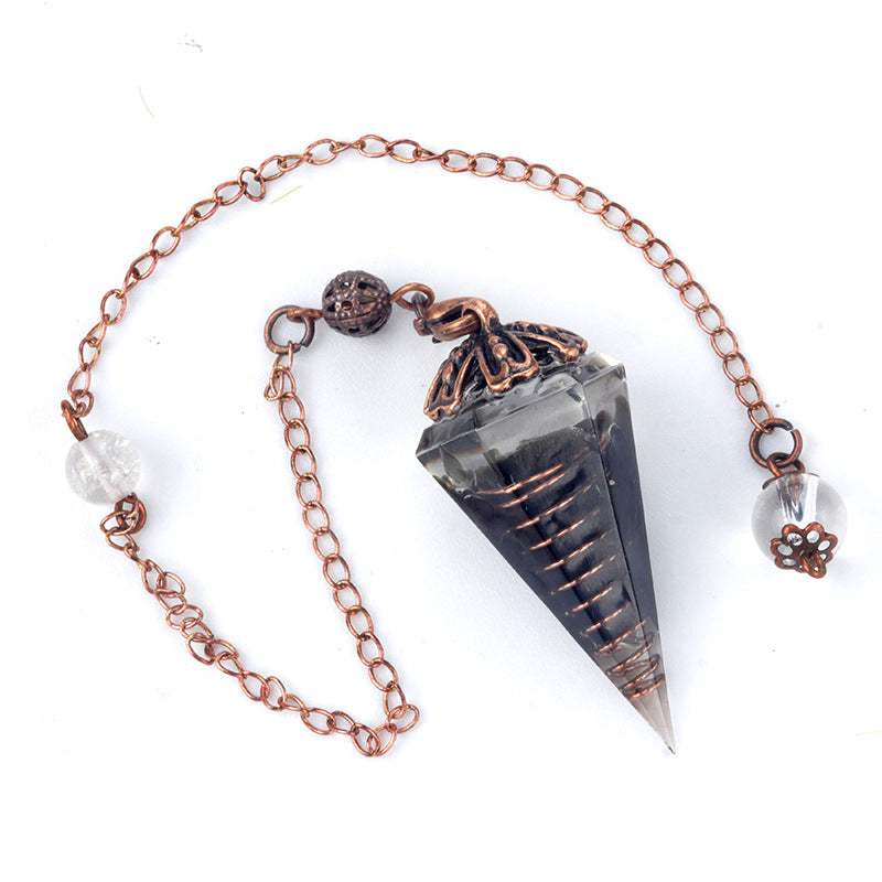 1697 - Rainbow Crystal Pendulum with Antique Copper Flower Base, Natural Stone Resin Spring Hexagonal Prism Pendulum