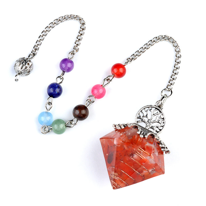 1973 - Natural Crystal Semi-Precious Stone Chip Resin Diamond Pendulum Pendant with Chakra Multicolor Bead Chain Jewelry