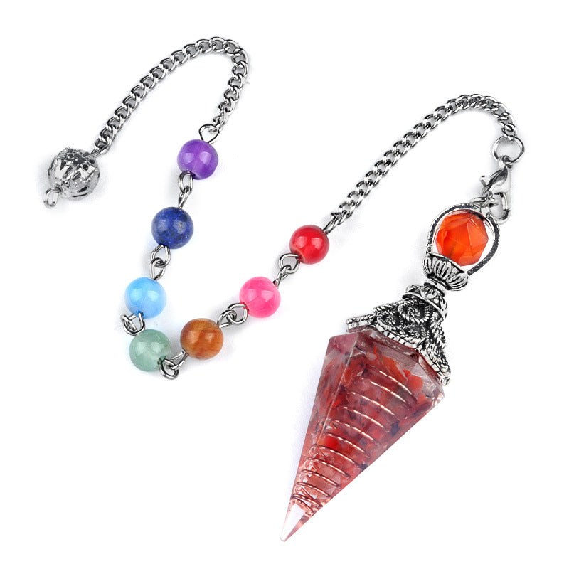 1971 - Natural Semi-Precious Stone Chip Resin Hexagonal Prism Pendulum Pendant Chakra Rainbow Bead Chain Pendant