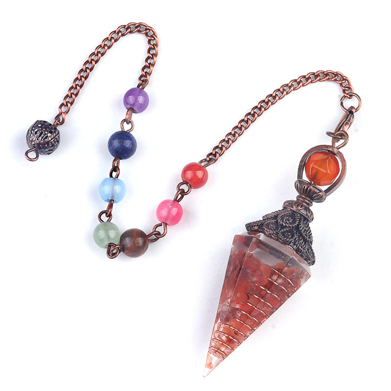 1970 – Natural Semi-precious Stone Chips Resin Hexagonal Prism Pendulum Pendant with Chakra Rainbow Bead Chain Pendant