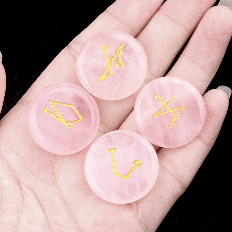 2081-Natural crystal agate stone 25mm round engraved four angel symbols southeast northwest star palace elements